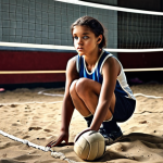 A young volleyball player from a humble background, practicing diligently with worn-out equipment, showcasing determination amidst poverty.