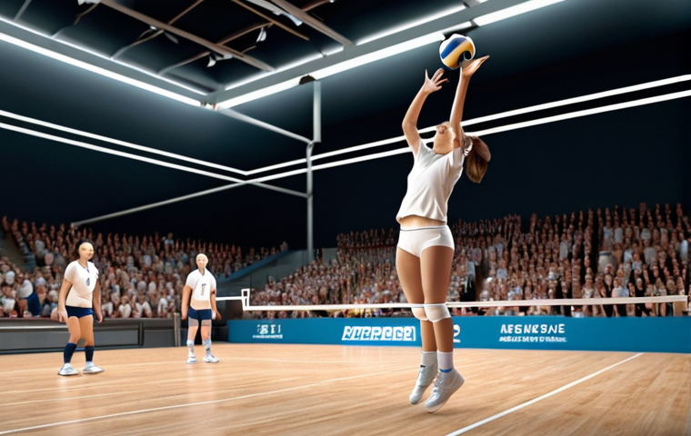 **
Volleyball player serving powerfully, using a jump serve technique. Focus on the action and energy of the serve.
**