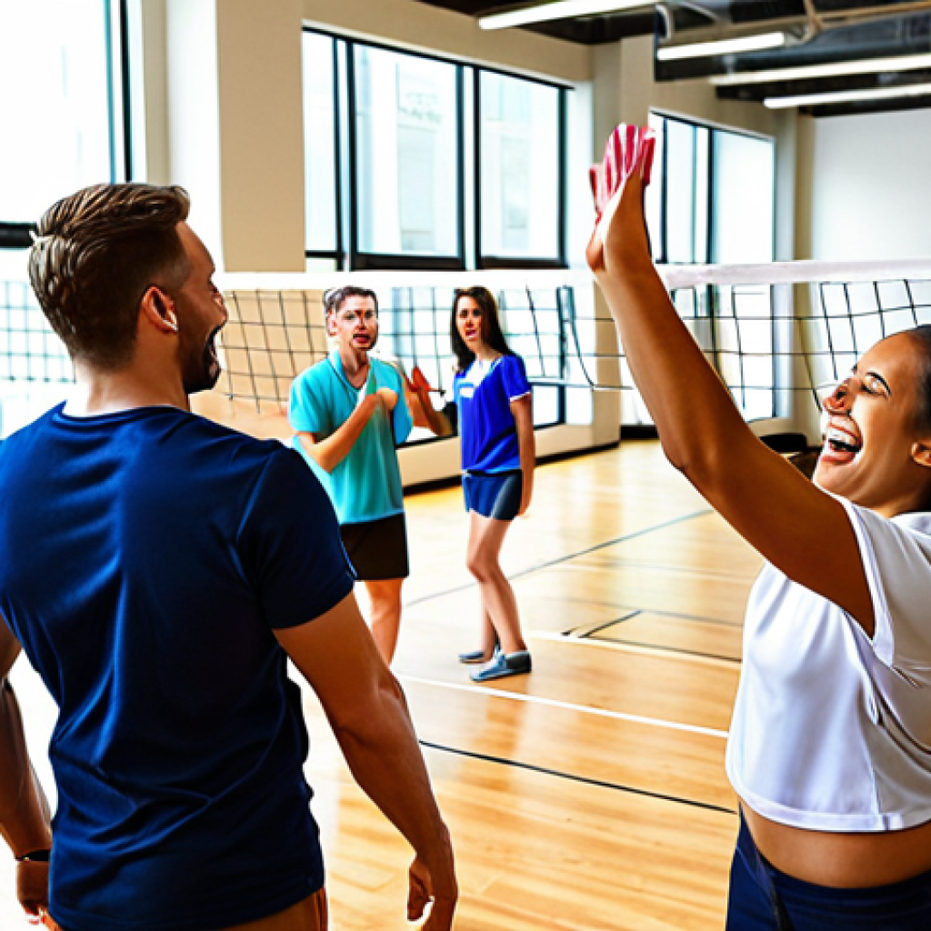A vibrant, energetic scene of a diverse group of office professionals, both men and women, playing indoor volleyball with joyful expressions and high-fives. They are actively communicating, showing strong teamwork, camaraderie, and mutual support. The background subtly integrates modern office elements, emphasizing the blend of work and play, symbolizing effective workplace team building and enhanced communication.