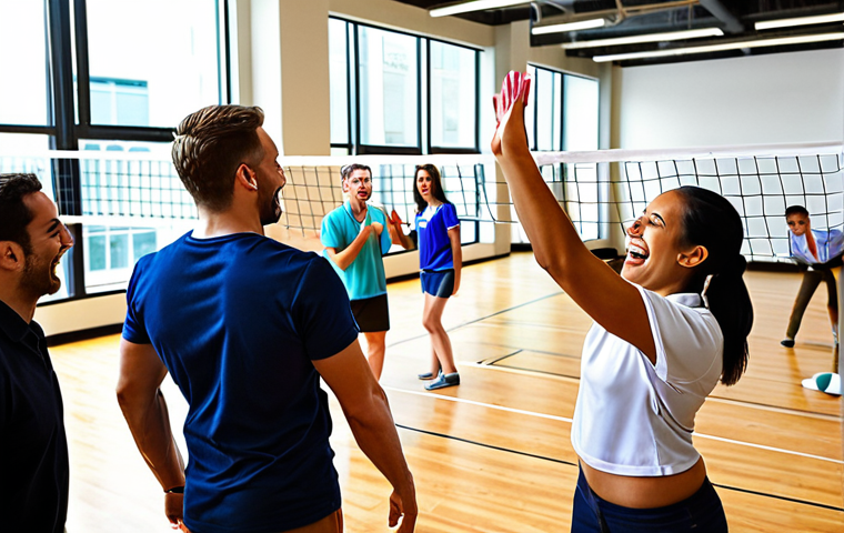 A vibrant, energetic scene of a diverse group of office professionals, both men and women, playing indoor volleyball with joyful expressions and high-fives. They are actively communicating, showing strong teamwork, camaraderie, and mutual support. The background subtly integrates modern office elements, emphasizing the blend of work and play, symbolizing effective workplace team building and enhanced communication.