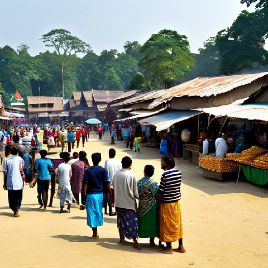 Thriving Village Market During Volleyball Tournament**

"A bustling village marketplace during a local volleyball tournament in rural Bangladesh. Food stalls overflowing with snacks, tea vendors serving customers, local artisans displaying handicrafts. Villagers are happily shopping and socializing. In the background, a volleyball match is in progress. Bright daylight, vibrant colors, documentary photography style, safe for work, appropriate content, fully clothed, modest, family-friendly, perfect anatomy, natural proportions."

**