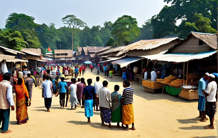 Thriving Village Market During Volleyball Tournament**

"A bustling village marketplace during a local volleyball tournament in rural Bangladesh. Food stalls overflowing with snacks, tea vendors serving customers, local artisans displaying handicrafts. Villagers are happily shopping and socializing. In the background, a volleyball match is in progress. Bright daylight, vibrant colors, documentary photography style, safe for work, appropriate content, fully clothed, modest, family-friendly, perfect anatomy, natural proportions."

**