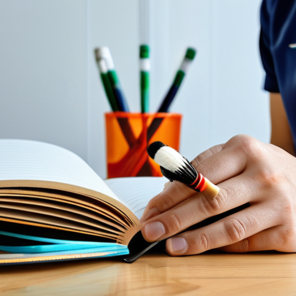 Badminton Practice Diary**

A young adult, fully clothed in sportswear, is sitting at a desk in a brightly lit room, writing in a journal. A badminton racket and shuttlecock are on the desk beside the journal. "Badminton Diary" is visible on the journal cover. Safe for work, appropriate content, professional, perfect anatomy, natural pose, well-formed hands.

**