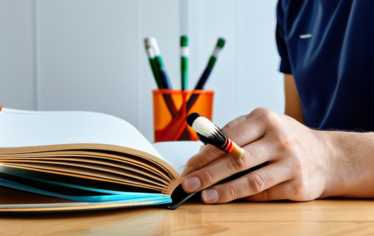 Badminton Practice Diary**

A young adult, fully clothed in sportswear, is sitting at a desk in a brightly lit room, writing in a journal. A badminton racket and shuttlecock are on the desk beside the journal. "Badminton Diary" is visible on the journal cover. Safe for work, appropriate content, professional, perfect anatomy, natural pose, well-formed hands.

**