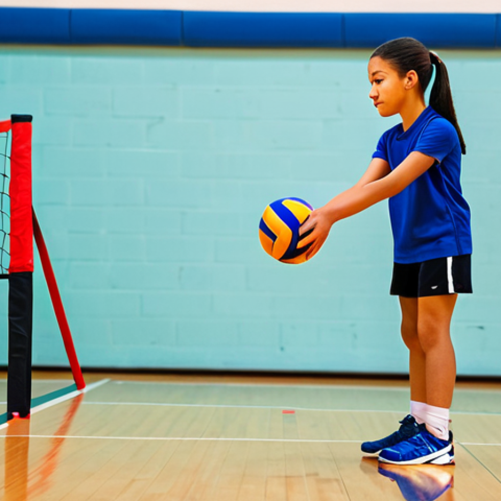 Learning the Basics**

A young volleyball player, fully clothed in appropriate athletic wear, practicing footwork drills on an indoor court. Coach is demonstrating proper stance and movement. Safe for work, professional training environment, perfect anatomy, natural proportions, well-formed hands, modest attire, family-friendly.

**