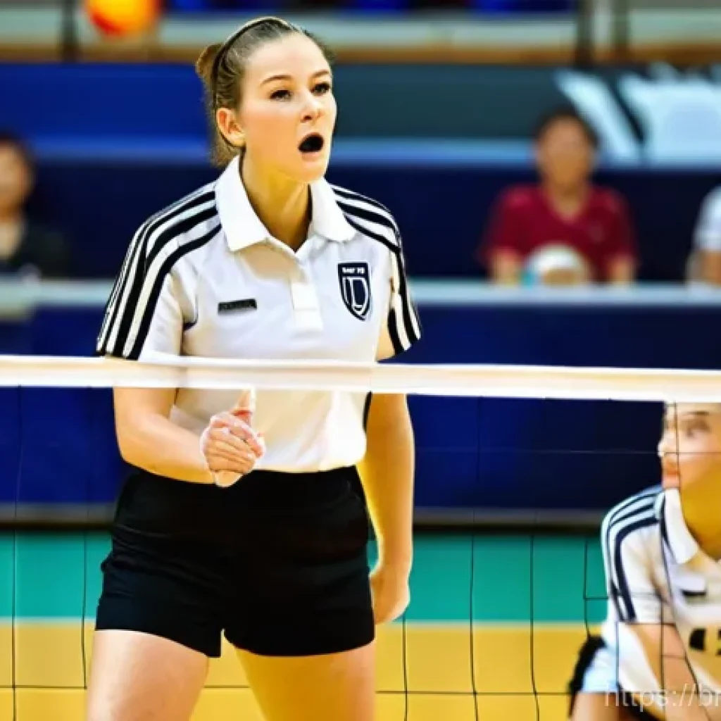 배구 주심과 부심 역할 - A professional female volleyball first referee, in a clean, standard referee uniform (short-sleeved ...