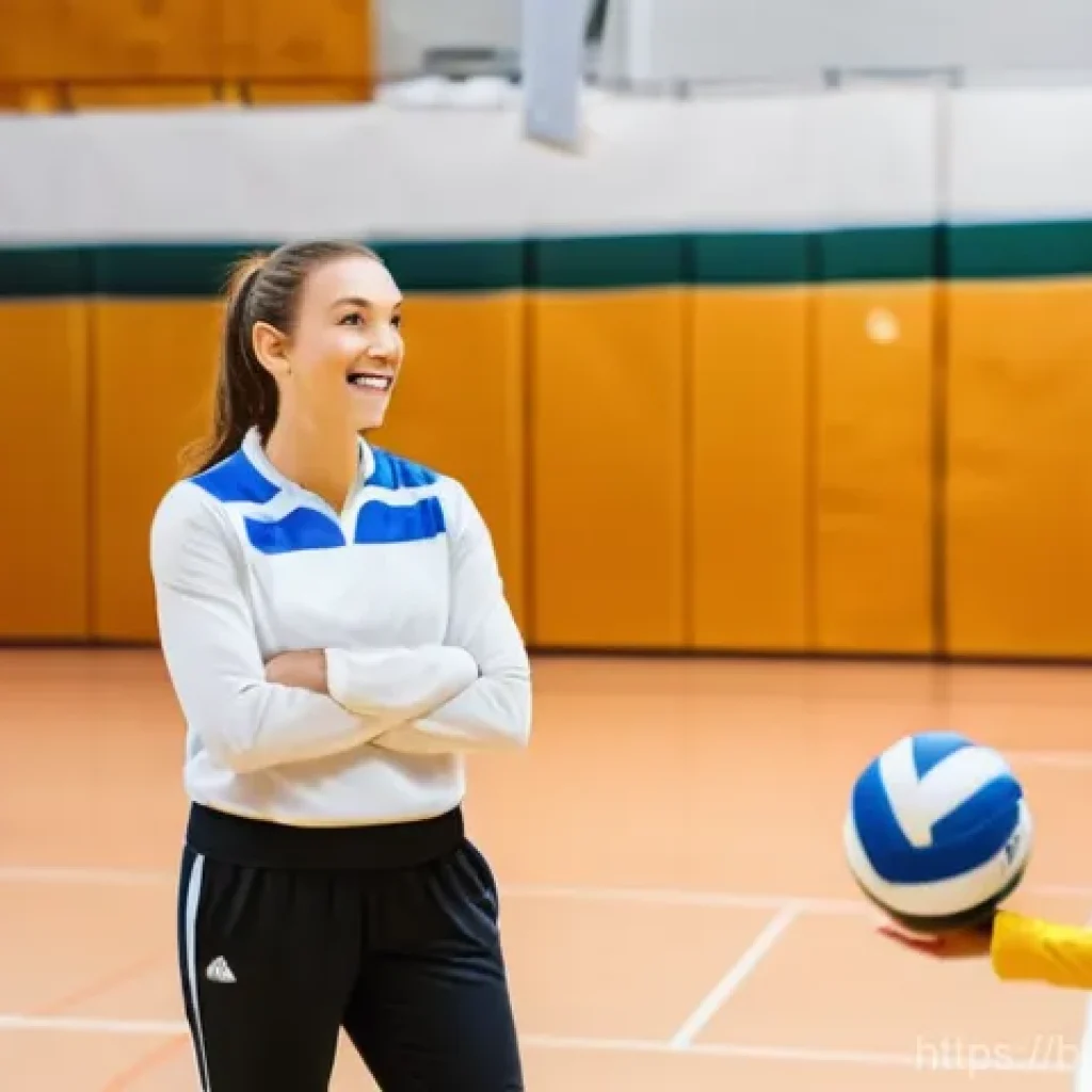 배구 관련 커리어 정보 - **Prompt:** A dynamic scene depicting a passionate female volleyball coach in her late 30s, wearing ...