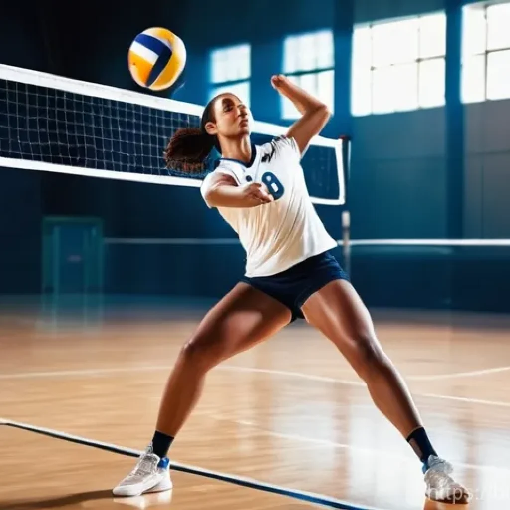 배구 경기 중 주요 전략 - **Dynamic Volleyball Block:** A powerful female volleyball player, mid-air, executing a flawless blo...