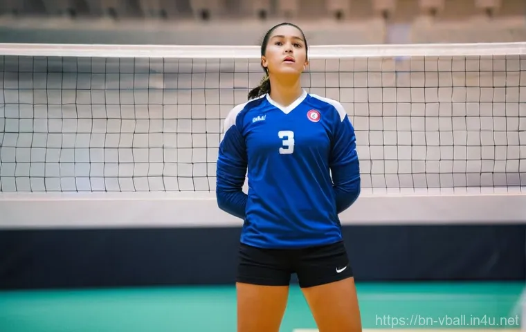배구 경기 중 심리적 압박 다루는 법 - **Prompt 1: Calm Focus on the Court**
"A female volleyball player, athletic and focused, standin...