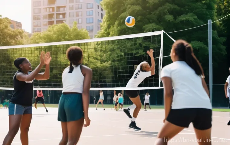 배구의 인기 상승과 이유 - Image Prompt 1: The Modern Volleyball Community in an Urban Park**