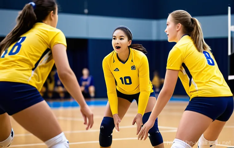 배구 유니폼 색상 선택 팁 - A vibrant and dynamic image capturing a co-ed volleyball team in the midst of an intense match on a ...