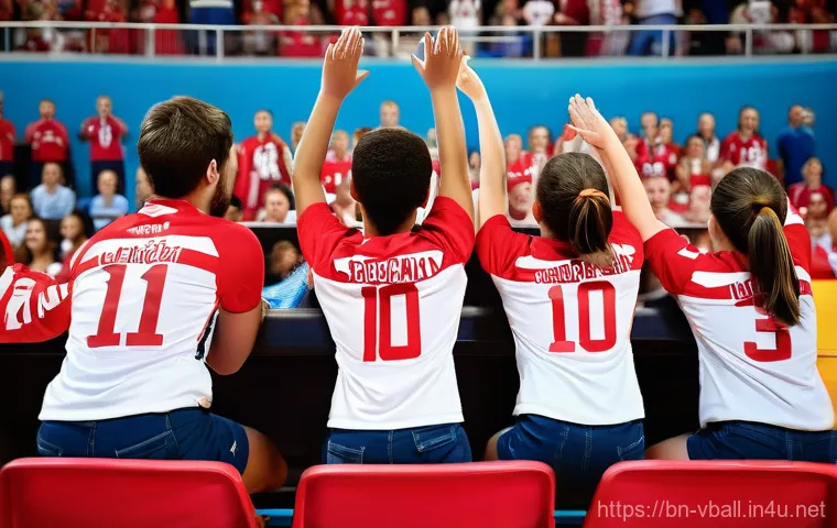 배구 유니폼 색상 선택 팁 - A vibrant and dynamic image capturing a co-ed volleyball team in the midst of an intense match on a ...