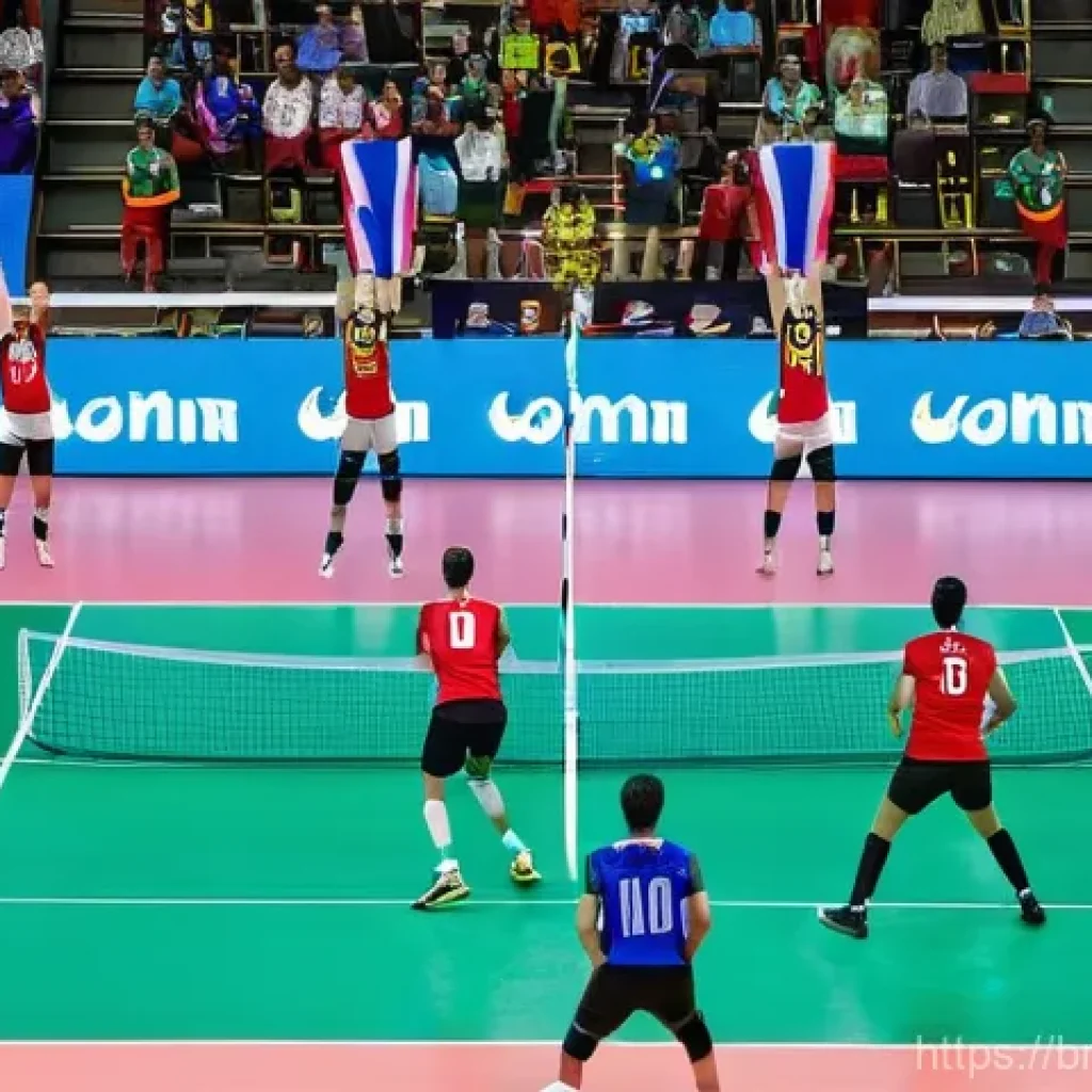 배구의 글로벌 영향 - **International Indoor Volleyball Match - Unity in Action:**
    "A dynamic, wide-angle shot capturi...