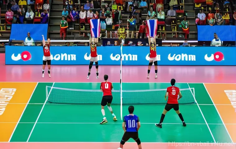 배구의 글로벌 영향 - **International Indoor Volleyball Match - Unity in Action:**
    "A dynamic, wide-angle shot capturi...