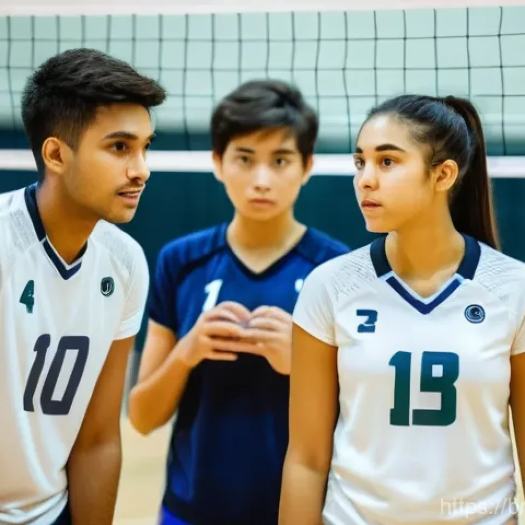 배구 경기 중 리더십 발휘 - **Prompt:** A diverse group of young adult volleyball players, both male and female, huddle closely ...