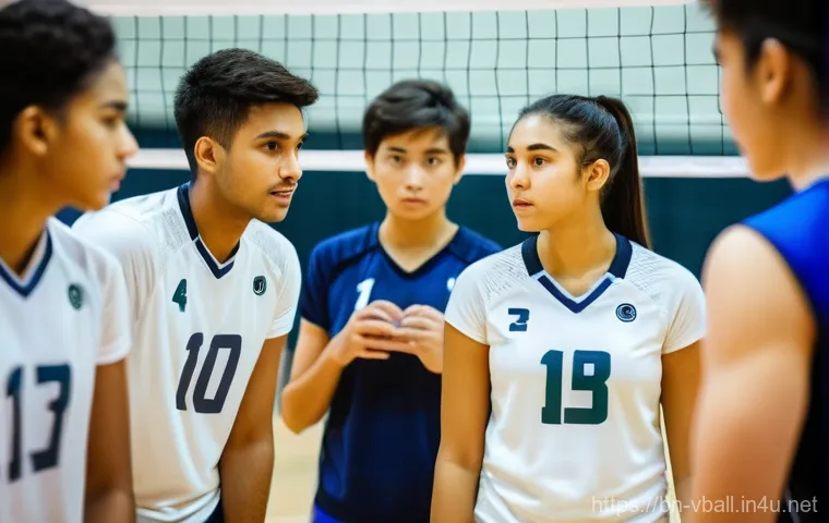 배구 경기 중 리더십 발휘 - **Prompt:** A diverse group of young adult volleyball players, both male and female, huddle closely ...