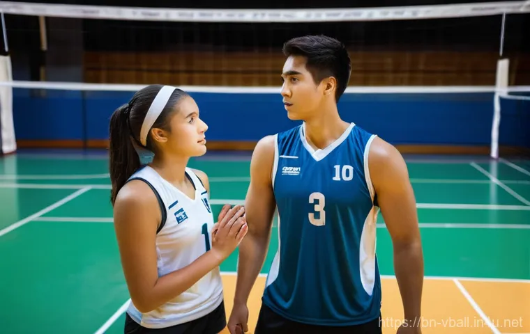 배구 경기 중 리더십 발휘 - **Prompt:** A diverse group of young adult volleyball players, both male and female, huddle closely ...