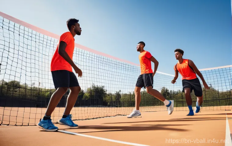 배구 훈련소 후기 - **Prompt:** A dynamic, wide-angle shot of a diverse group of male and female volleyball players, dre...
