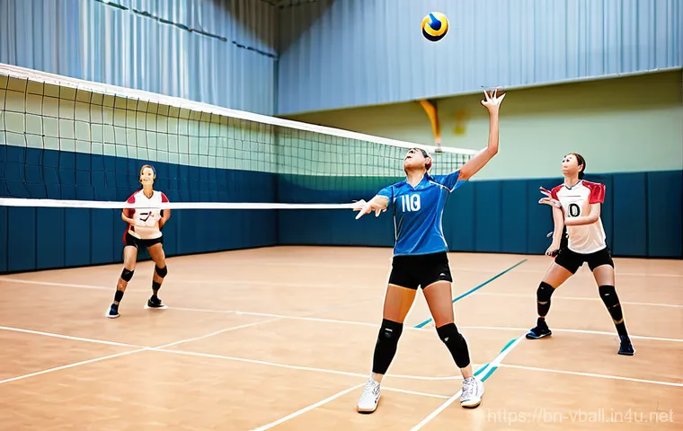 배구 훈련소 후기 - **Prompt:** A dynamic, wide-angle shot of a diverse group of male and female volleyball players, dre...