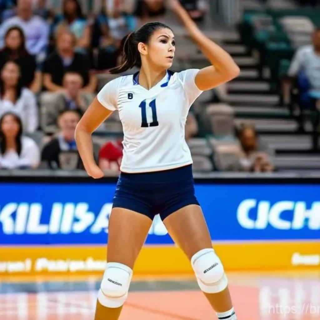 배구 테이핑 방법 - A determined female volleyball player, mid-20s, with an athletic build, is captured in a dynamic act...