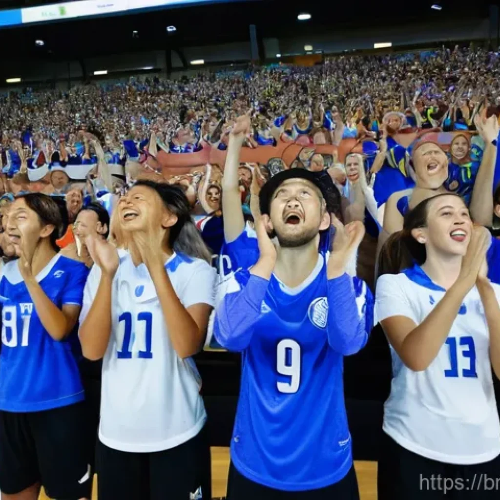 배구 경기 관람 매너 - **Prompt:** A vibrant and diverse crowd of spectators enthusiastically cheering at a professional in...