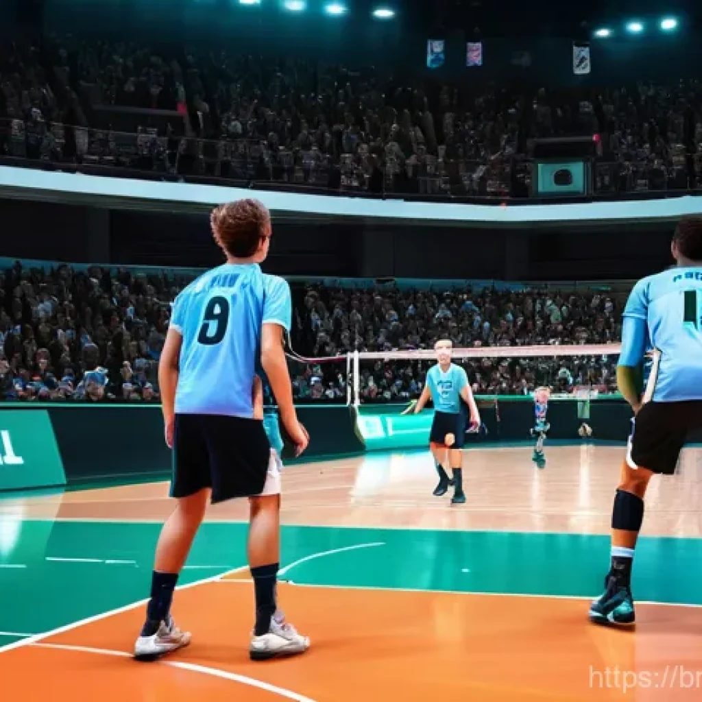 배구 포지션별 역할 분석 - **A dynamic setter in action on a vibrant indoor volleyball court.** The male setter, wearing a clea...