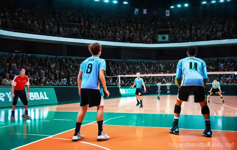 배구 포지션별 역할 분석 - **A dynamic setter in action on a vibrant indoor volleyball court.** The male setter, wearing a clea...