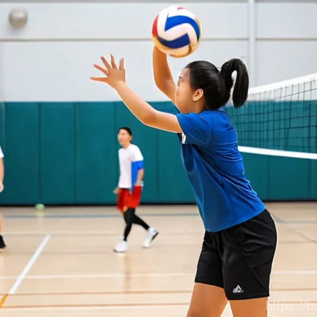 배구 경기 진행 매뉴얼 - **Vibrant Court and Warm-up:** A brightly lit indoor volleyball court, meticulously maintained with ...