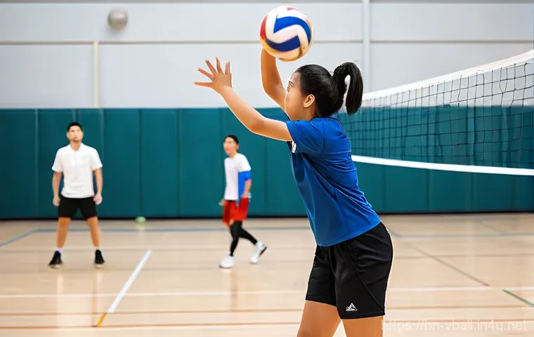 배구 경기 진행 매뉴얼 - **Vibrant Court and Warm-up:** A brightly lit indoor volleyball court, meticulously maintained with ...