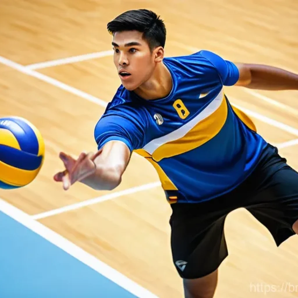 배구 관련 포스터 제작 - **Prompt:** "A highly dynamic, close-up action shot of a male volleyball player executing a powerful...
