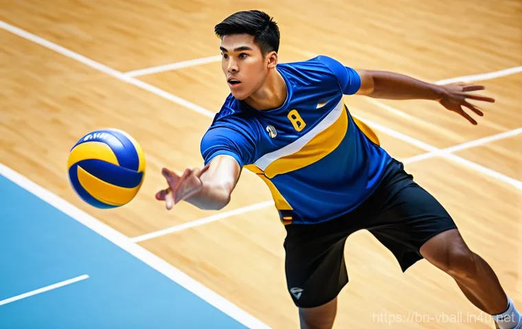배구 관련 포스터 제작 - **Prompt:** "A highly dynamic, close-up action shot of a male volleyball player executing a powerful...