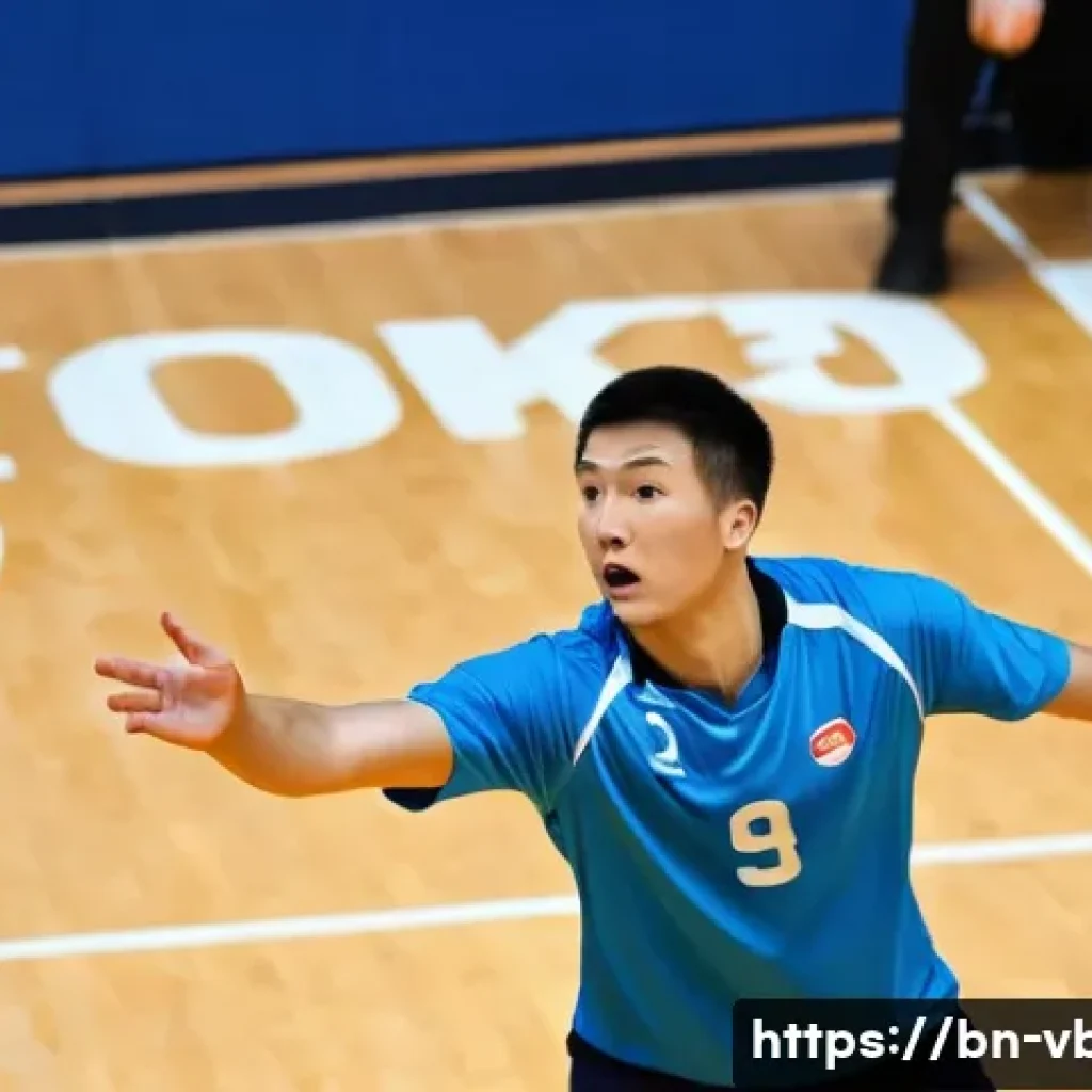 배구 경기에서의 규칙 위반 사례 - An action shot of a male volleyball player in a blue jersey and athletic shorts, attempting a set. H...