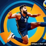 배구 포스터 디자인 아이디어 - A vibrant and dynamic volleyball poster featuring a Bengali male player in athletic shorts and a sle...