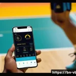 배구 훈련 앱 리뷰 - A modern volleyball training app interface displayed on a smartphone screen held by a young Bengali ...