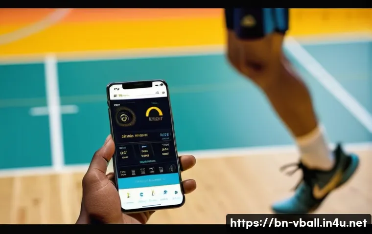 배구 훈련 앱 리뷰 - A modern volleyball training app interface displayed on a smartphone screen held by a young Bengali ...