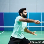 배구 코칭 철학 - A confident Bengali badminton player in mid-action on a professional indoor court, wearing a modern ...