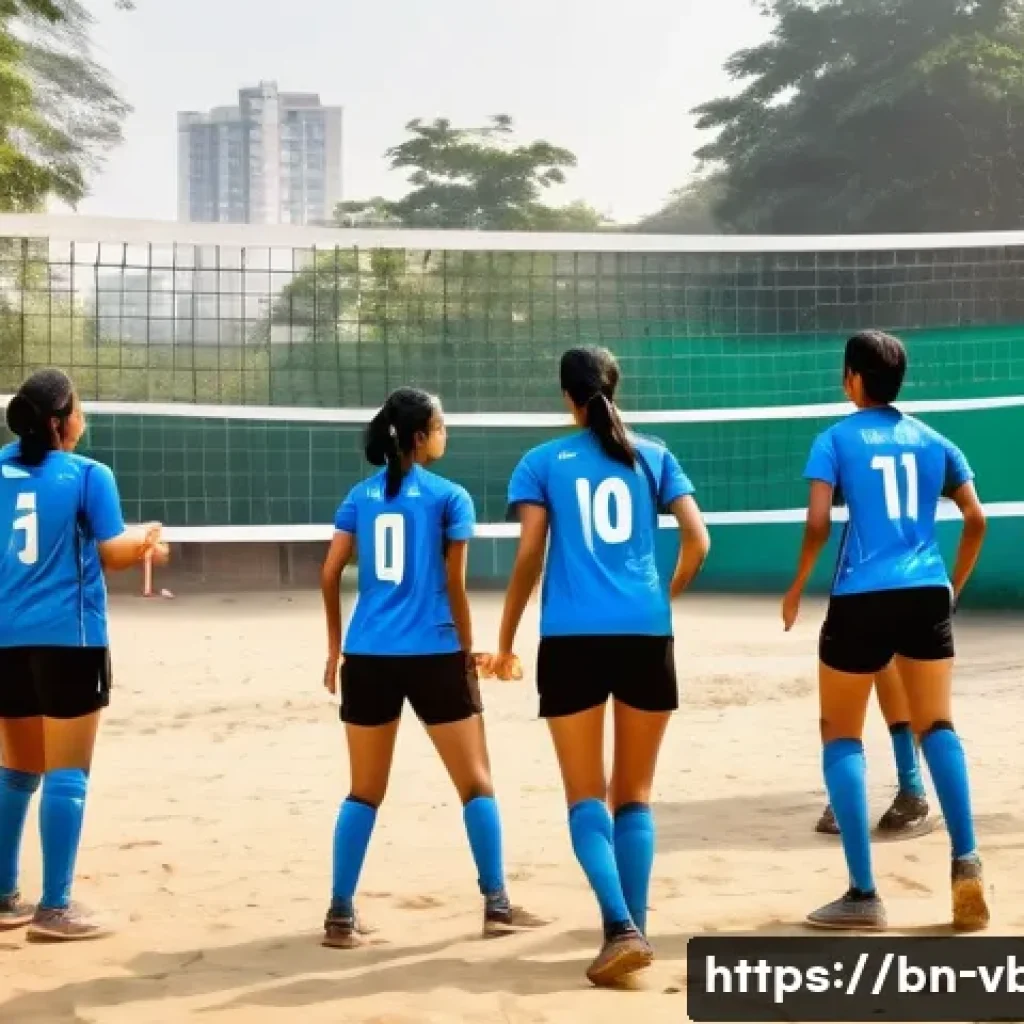 배구 경기 진행 팁 - A dynamic volleyball team in mid-game on a vibrant outdoor court in Bangladesh, showing players in c...