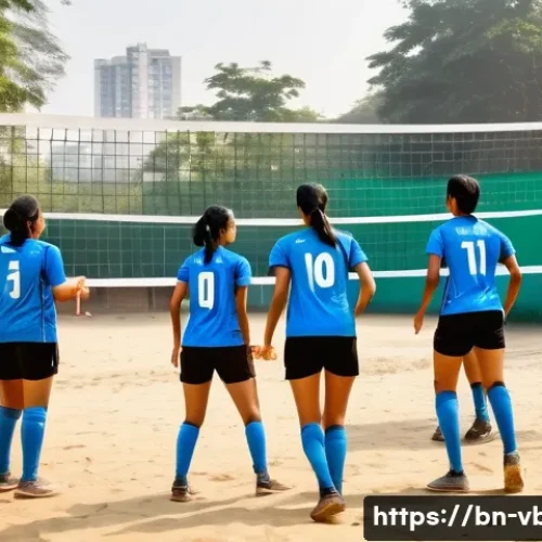 배구 경기 진행 팁 - A dynamic volleyball team in mid-game on a vibrant outdoor court in Bangladesh, showing players in c...