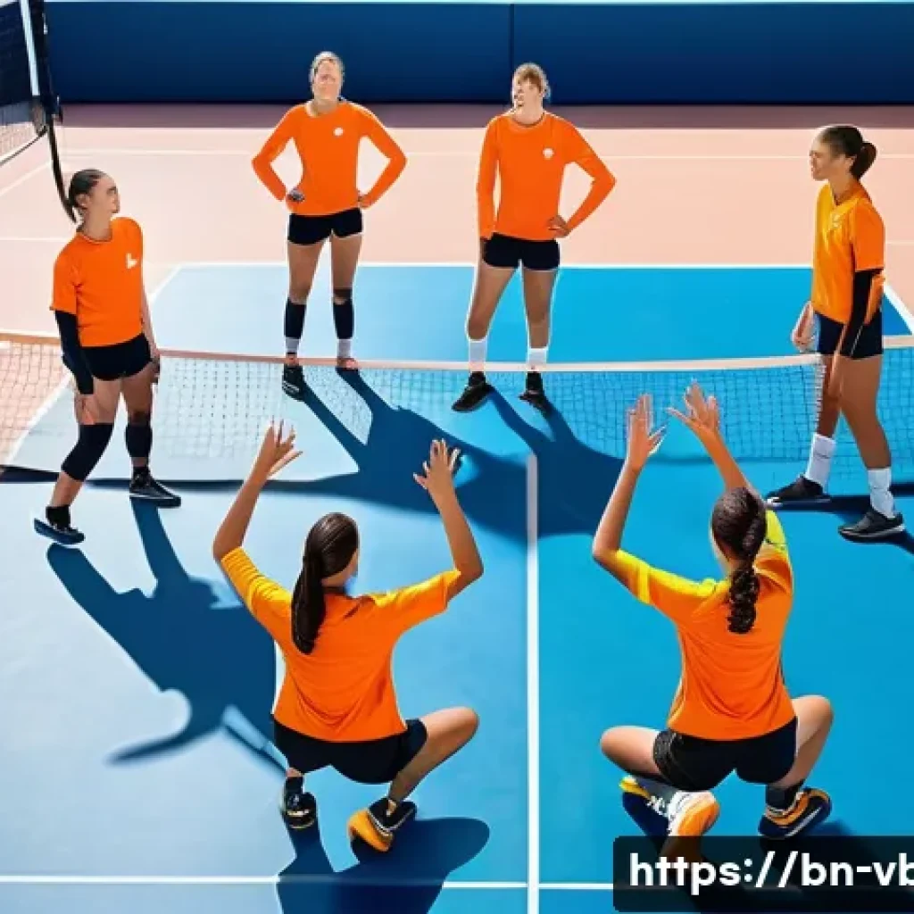 배구 경기에서의 팀워크 연습 - A vibrant volleyball team practicing on an outdoor court under clear blue skies, players communicati...