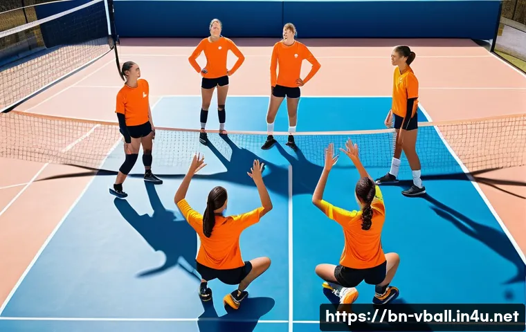 배구 경기에서의 팀워크 연습 - A vibrant volleyball team practicing on an outdoor court under clear blue skies, players communicati...
