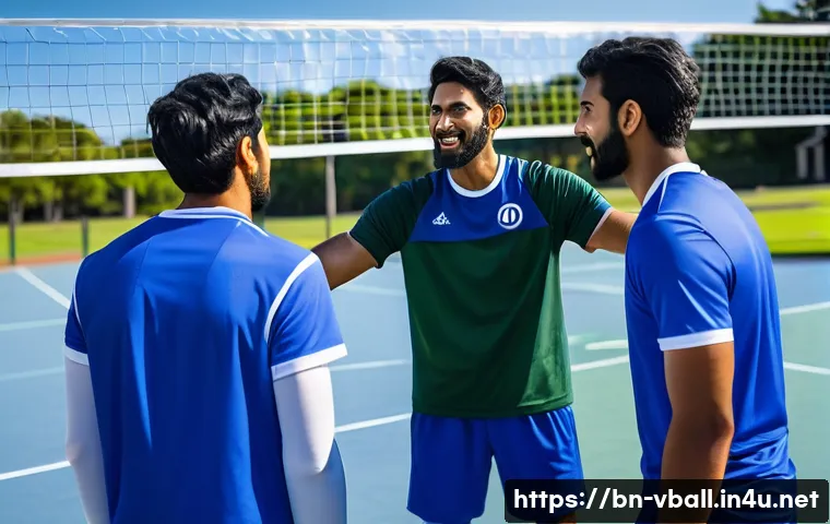 배구 코칭 철학과 원칙 - A diverse volleyball team huddled together on an outdoor court in vibrant daylight, showing strong u...