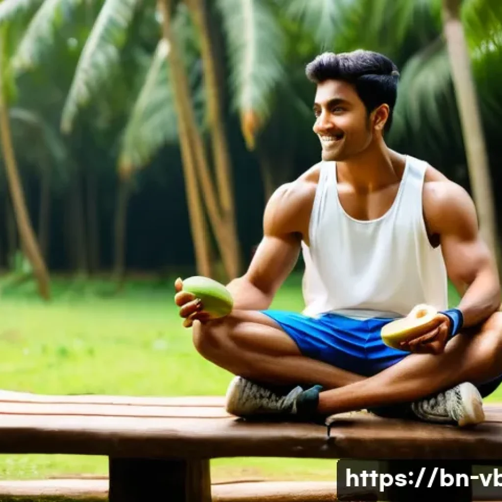 배구 경기 중 간식 추천 - A vibrant and detailed scene of a Bengali athlete enjoying a healthy snack break during outdoor spor...