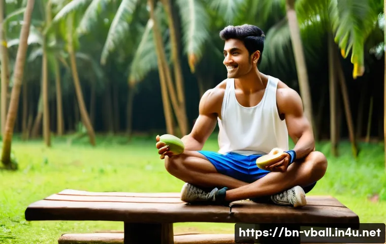배구 경기 중 간식 추천 - A vibrant and detailed scene of a Bengali athlete enjoying a healthy snack break during outdoor spor...