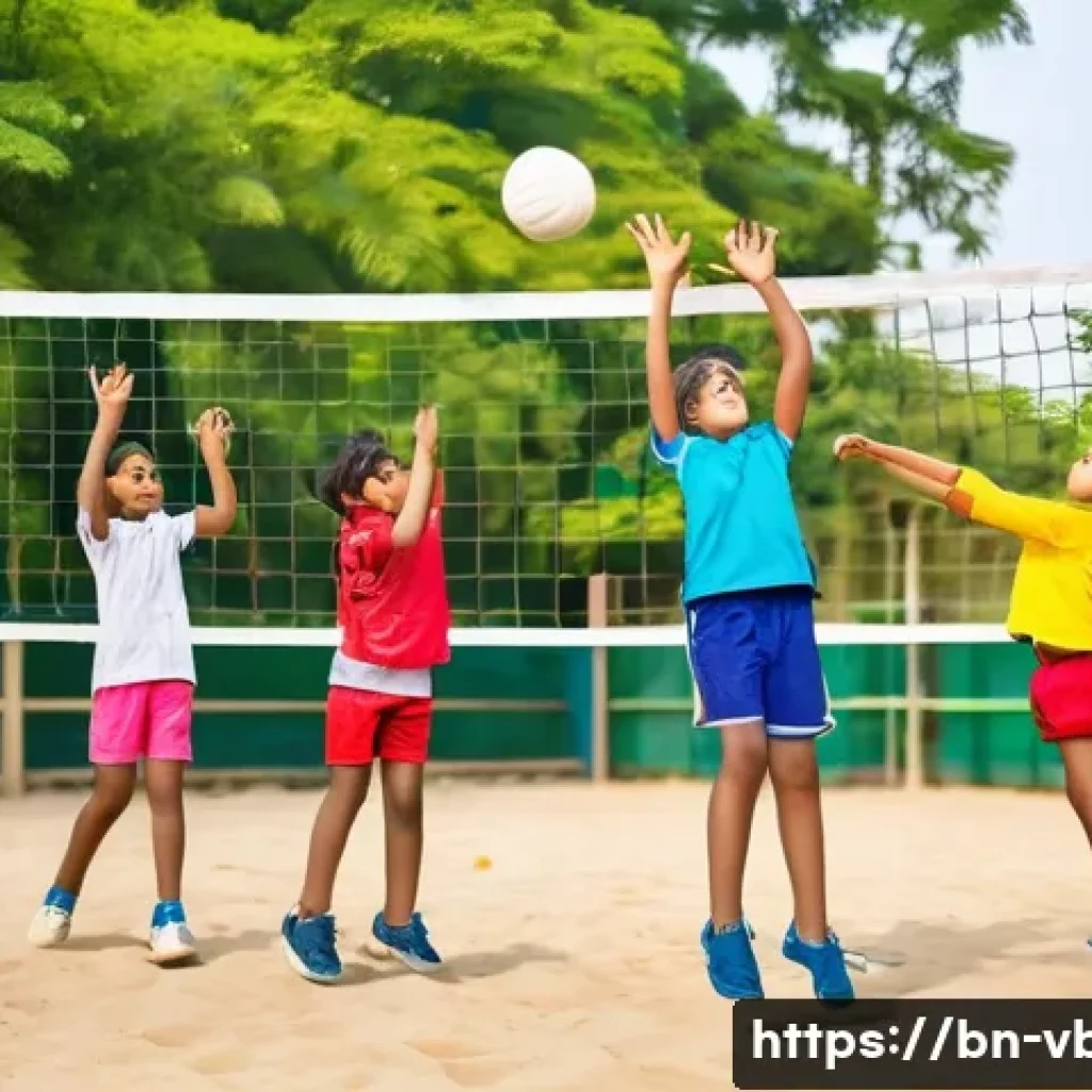 배구 유소년 클럽 활동 - A group of Bengali children playing volleyball energetically on a clean, well-maintained outdoor cou...