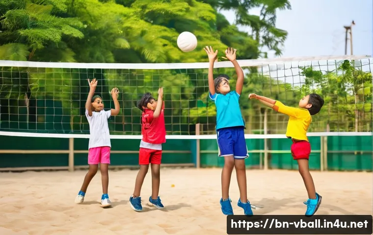 배구 유소년 클럽 활동 - A group of Bengali children playing volleyball energetically on a clean, well-maintained outdoor cou...