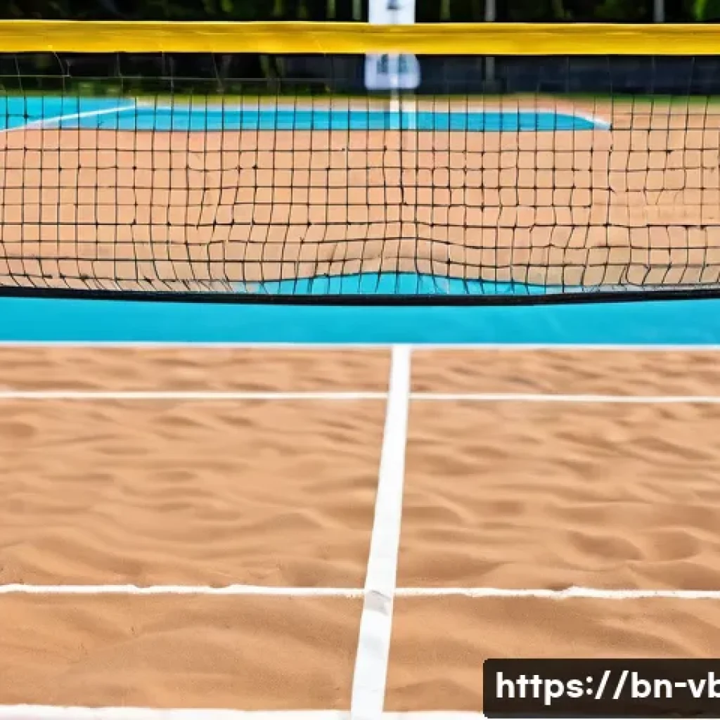 배구 네트 셋업 방법 - A detailed outdoor volleyball court scene during daytime, featuring a well-set volleyball net with c...