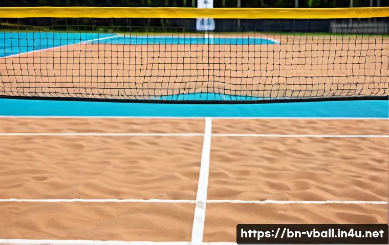 배구 네트 셋업 방법 - A detailed outdoor volleyball court scene during daytime, featuring a well-set volleyball net with c...