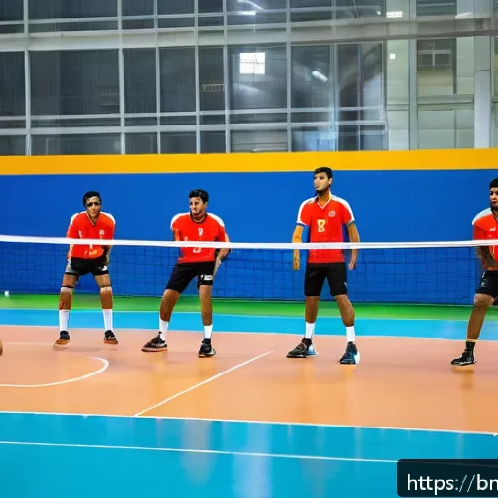 실내 배구와 비치발리볼 차이 - A dynamic indoor volleyball scene inside a spacious sports complex with polished wooden flooring and...