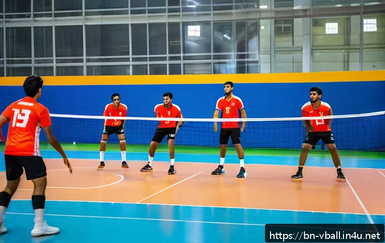 실내 배구와 비치발리볼 차이 - A dynamic indoor volleyball scene inside a spacious sports complex with polished wooden flooring and...