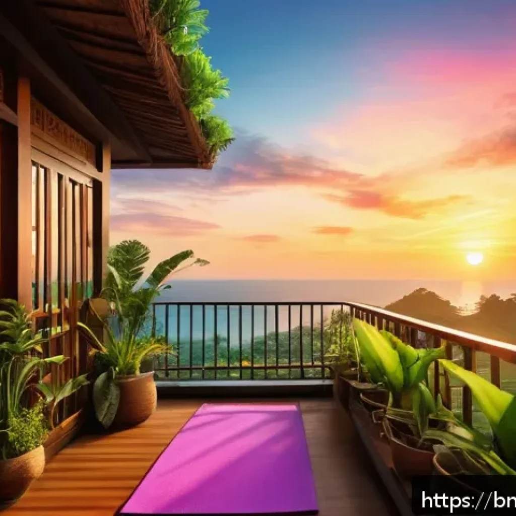 배구 관련 취미 생활 - A serene urban balcony scene at sunset inspired by Bali&rsquo;s vibrant colors, featuring a person in comf...